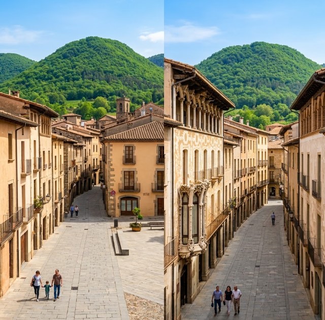 Vistes de les zones de vianants, el casc històric, l'arquitectura basàltica i la majestuosa Fageda d'en Jordà a Olot